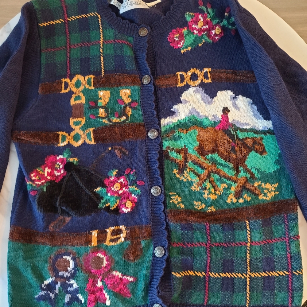Vintage Tartan Equestrian Floral Show Ribbon Cardigan Sweater ❤🐎